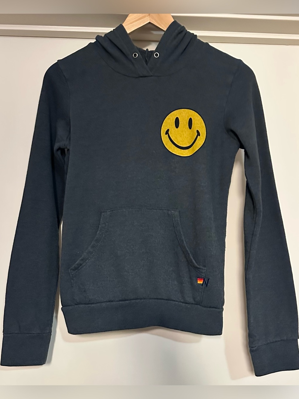 Aviator Nation Smiley Pullover Hoodie in Charcoal. Size Kids 14/Adult XS